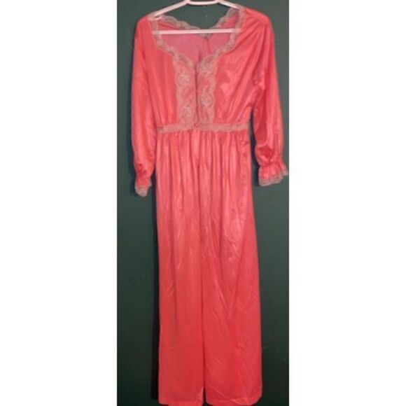 Vintage TEXSHEEN Lingerie Long Pink Chiffon Lace Lounge Gown & Robe Peignoir - Picture 6 of 11